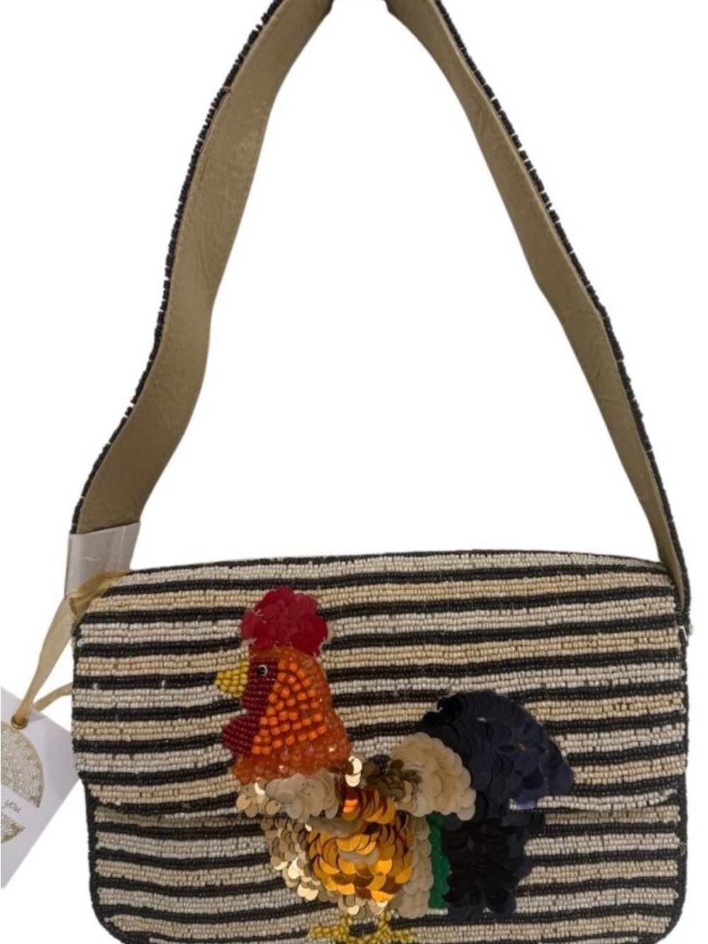Embellished Rooster Beaded Crossbody Bag - Black & Cream
